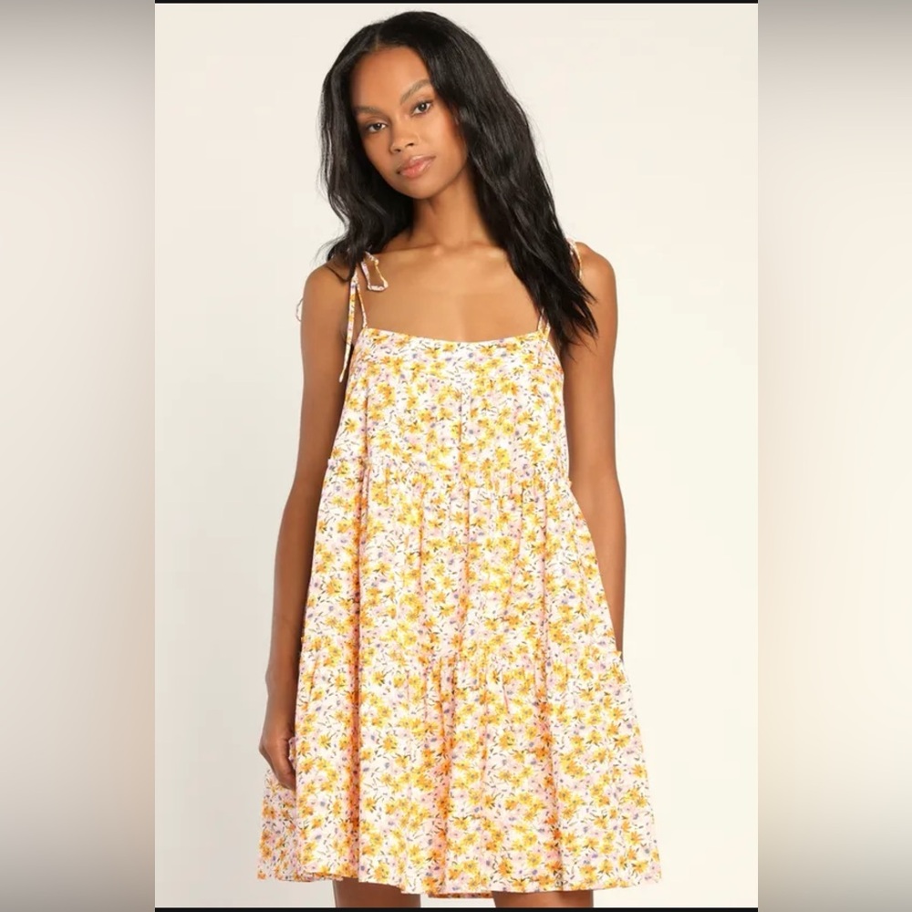 Lulu's Yellow Floral Tie-Shoulder Mini Dress